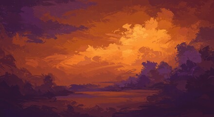 Stunning sunset landscape with vibrant orange and purple hues, showcasing a serene natural scene