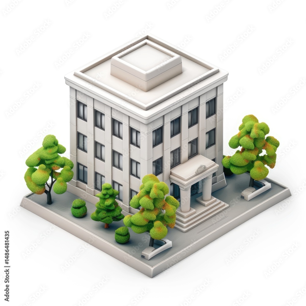 Poster detailed isometric rendering of a city building and surrounding trees.