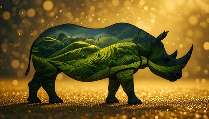 Fototapeta premium Rhino Silhouette: Intricate Aerial Rice Paddies Fill, Contrasting Golden Glitter Bokeh. Photorealistic Nature Art