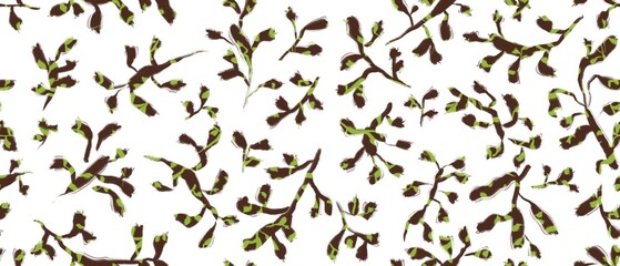 Seamless abstract botanical pattern. Simple background with green, brown, white texture. Digital brush strokes, dots, curves. Design for textile fabrics, wrapping paper, background, wallpaper, cover.