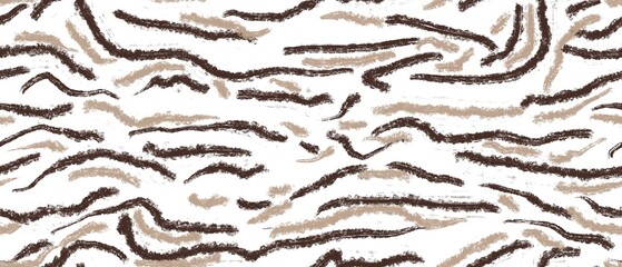 Seamless abstract geometric pattern. Simple background in brown, black, white. Digital brush strokes, diagonal lines. Design for textile fabrics, wrapping paper, background, wallpaper, cover.