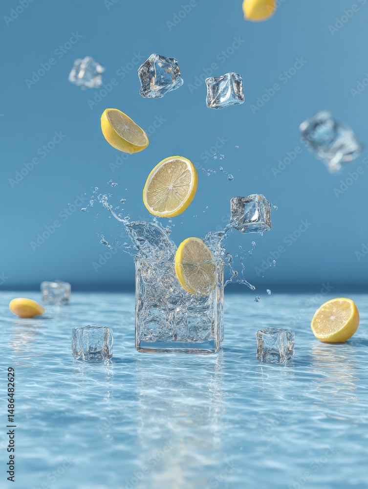 Poster refreshing lemon ice water splash - close-up of lemon slices and ice cubes splashing into a glass of
