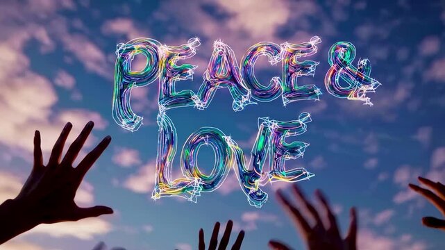 Text peace and love appears in soap bubbles floating upward above hand expressing hope unity kindness joy ambition aspiration harmony freedom enthusiasm collaboration