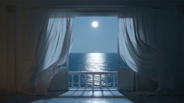 Fototapeta Full moon over ocean seen through window at night