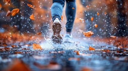 Fototapeta premium Running Through Autumn Rain Male Runner s Feet Splashing in Puddles Amidst Colorful Leaves