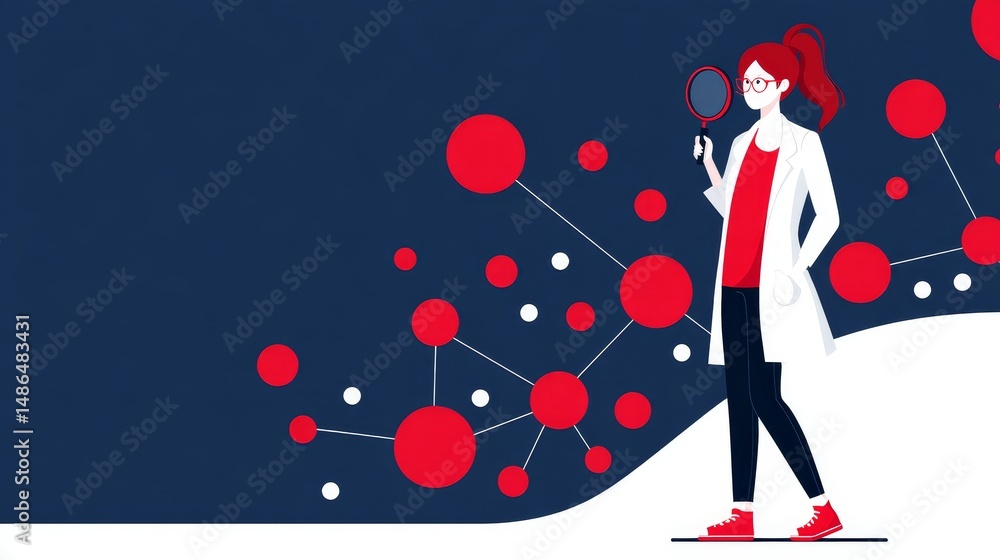 Poster scientist exploring molecular network - a female scientist in a white coat examines a complex molecu