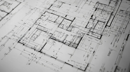 Architectural blueprint on paper shows detailed floor plans and construction details
