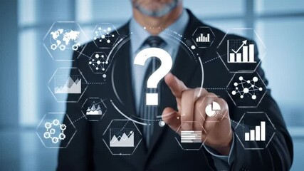Man in suit pointing at question mark surrounded by data charts and global network icons around him - Powered by Adobe