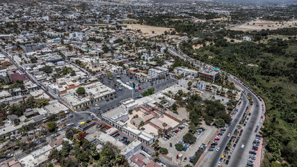 aerial view of area around Plaza Mijares, the historic city center of San José del Cabos, Mexico...