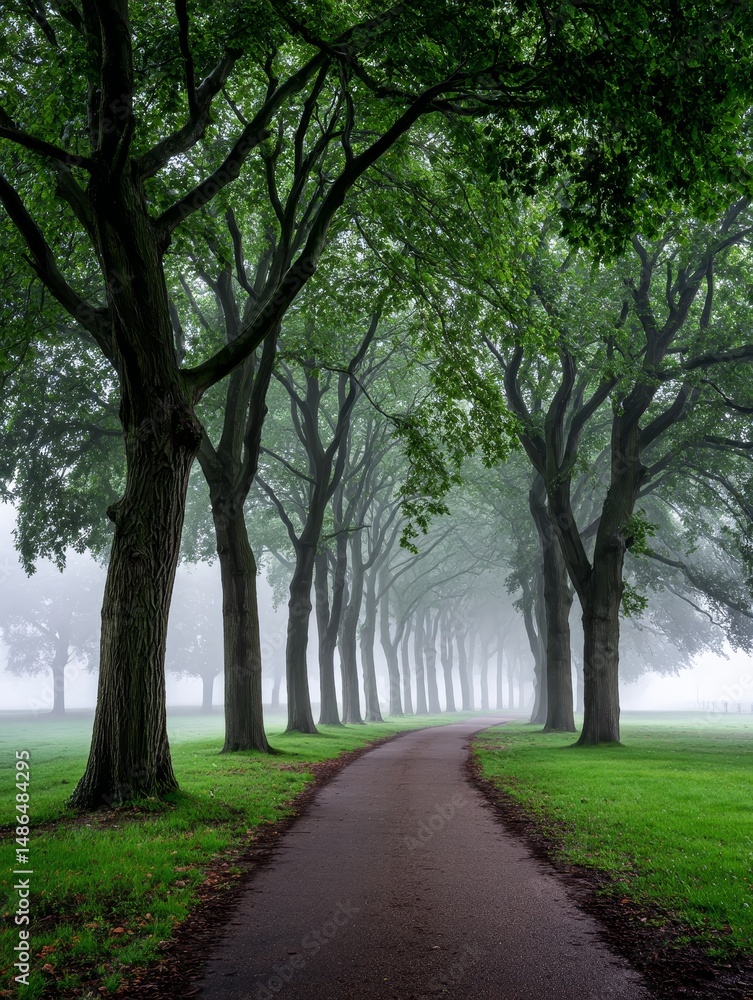 Poster serene path through misty trees - a winding path leads through a tunnel of trees shrouded in morning