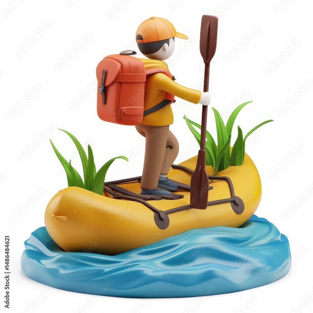 Poster 3d rendering of a person kayaking in a raft.