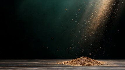 Brown and Gold Dust Particles Floating in a Light Beam Against a Dark Green Background