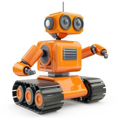 Fototapeta premium Orange robot on treads, presented against a white background.