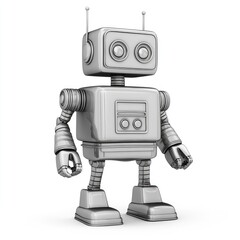 Retro robot figure rendered in a metallic gray tone.