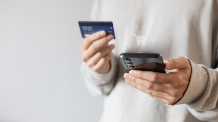 close up young man hand hold smartphone and using marketplace e-commerce website to choose and make payment to order for technology lifestyle and cashless concept