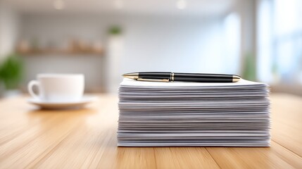 Stack of Papers with Pen on Desk - A neat stack of papers with a pen rests on a wooden desk, suggesting office work or paperwork. A blurred coffee cup sits in the background