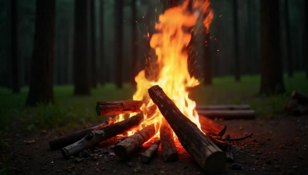 Bonfire Burns in the Pine Forest in the Summer at Daytime. Flaming Campfire, Place for Bonfire. Fire Pit Outdoors, Wood on Fire, Flying Sparks and Smoke. Travel and Tourism Concept - Slow Motion