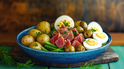 A vibrant salad bowl with tuna, eggs, potatoes, olives, and green beans