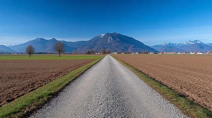 Obraz premium Sunlit Country Path Mountain View - Serene landscape, gravel road, mountains, farmland, blue sky. Symbolizing peace, journey, nature, tranquility, and aspiration