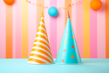 3D illustration of decorative birthday hats with multi colored designs. Image created with AI