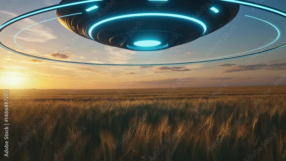 Poster unidentified flying object hovers low over a golden ripe wheat field at sunset creating a strange an