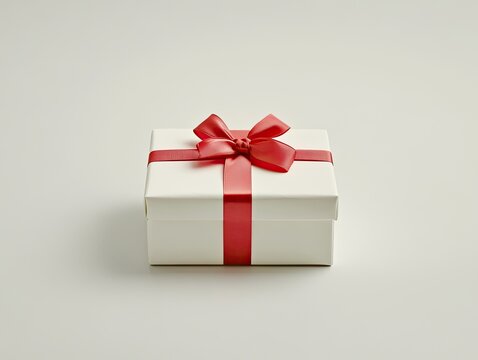 Simple white gift box with red ribbon.  A square, plain white gift box sits on a plain white background, adorned with a red satin ribbon and bow