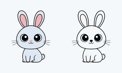 Cute White Bunny with Big Eyes, Kawaii Style Line and Colors Vector on White Background