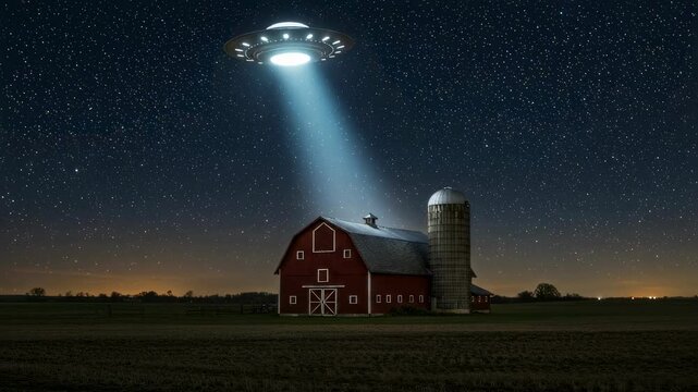 UFO aircraft emits bright beam of light onto secluded rural red barn and silo structure at night, depicting extraterrestrial contact and mysterious alien phenomena concept footage.