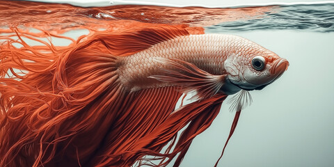 betta fish, red fins, flowing fins, elegant fish, aquatic life, underwater photography, exotic fish, close-up fish, Siamese fighting fish, ornamental fish, serene water, minimalist background, fish po