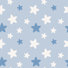 Seamless pattern with white and blue stars. Good night children's, scandinavian nursery illustration in soft pastel blue color.
