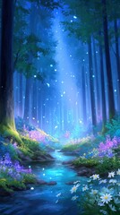 Obraz premium Beautiful forest with flowers and a stream blue sky