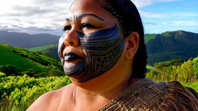 Woman with traditional face tattoo and woven shawl outdoors against a lush, green hillside backdrop