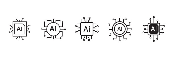 Ai chip icon set. computer microchip vector symbol. semiconductor micro chip hardware sign. robot brain artificial intelligence processor vector icons pack.
