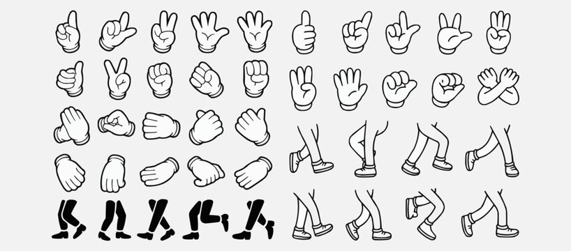 Retro cartoon legs and hands, Hands with gloves and feet with boots, various poses for characters, a set of poses, gestures, placement of hands and feet. Mascot character set. Cartoon set of limbs.eps
