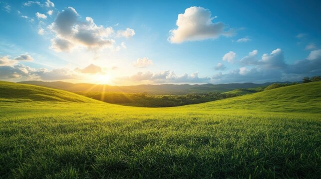 Lush green field at sunrise, rolling hills