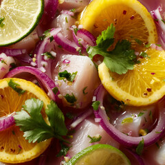 Close-up of Peruvian ceviche with citrus, red onion, and cilantro