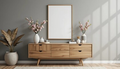 Scandinavian inspired wooden sideboard with mock up frame, fresh flowers, neutral tones and stylish home decor setup for interior design lovers

