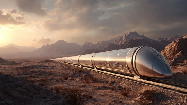 Hyperloop train zooming through glass tunnel in desert landscape, futuristic transport