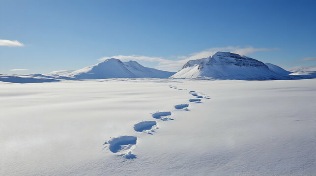 Footprints in snow lead toward mountains under a bright blue sky.
