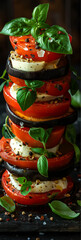 Stacked Caprese with eggplant layers. Vibrant tower of tomato, mozzarella, eggplant, and basil—ideal for health-focused menus, cookbooks, or summer recipe promotions.