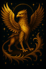 Golden Celestial Griffin Illustration on Dark Starry Background