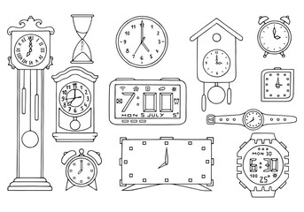 Set of different watches, vintage, antique, electronic, wristwatches, alarm clocks, hourglasses.