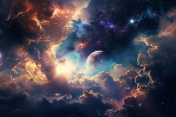 Obraz premium Cute Space Illustration in Kids Style for Nursery or Children's Room Wallpaper