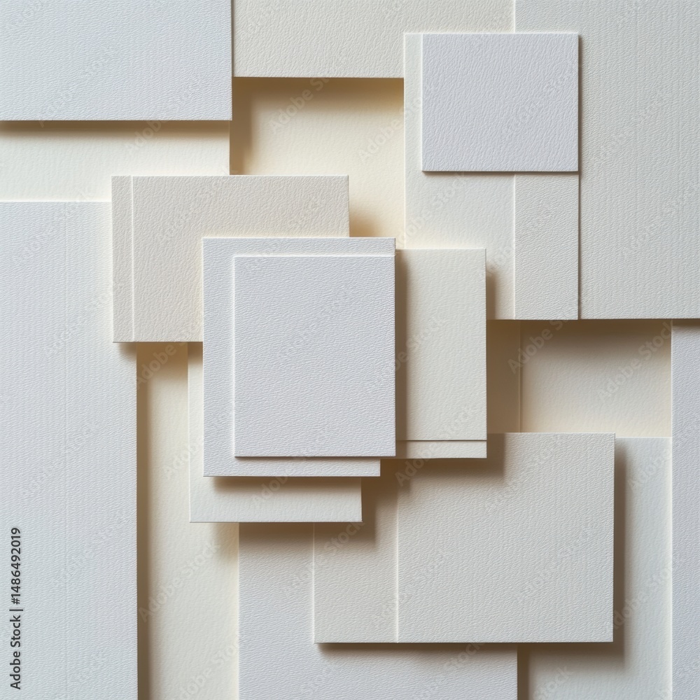Poster layered hand-cut paper squares creating soft shadows in an artistic composition with space for text