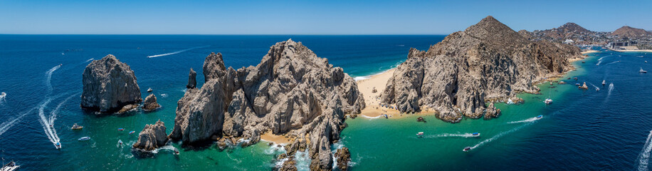 panoramic aerial view of Arch of Cabo San Lucas aka El Arco, Baja California Sur, Mexico, of the...