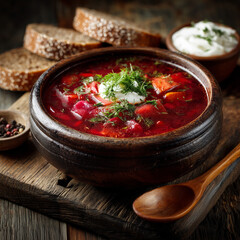 Ukrainian borscht served with sour cream and black bread, rustic wooden bowl