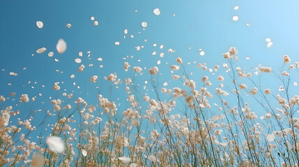 A gentle breeze carrying petals across a clear blue sky, with a meadow in the background