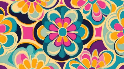 Vibrant Retro Floral Pattern, 70s Style, Teal, Pink, Yellow, Abstract Flower Background