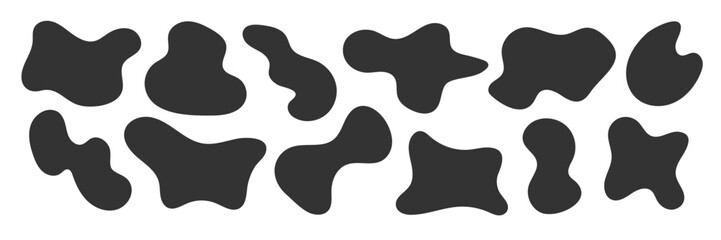Abstract black irregular blob shapes set. Organic random liquid forms in flat style. Perfect for backgrounds, masks, stickers, posters, branding, modern design, web, mobile UI, motion graphics
