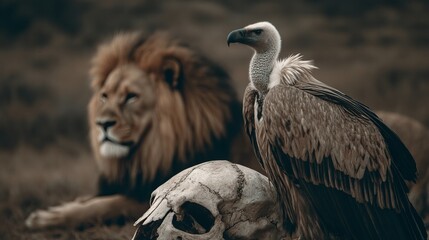 A lion rests with a vulture beside a skull, creating a striking scene of nature's cycle.